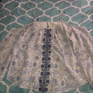 Blue patterned embroidery cold shoulder blouse top